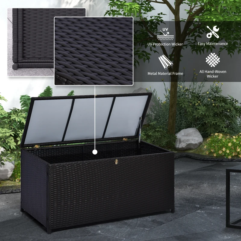 Outsunny Wicker Outdoor Storage Box, 75 Gallon Deck Box with Gas Strut and Clamp Lid, Rattan Patio Storage Container for Gardening Tools, Pool Supplies, Dark Brown