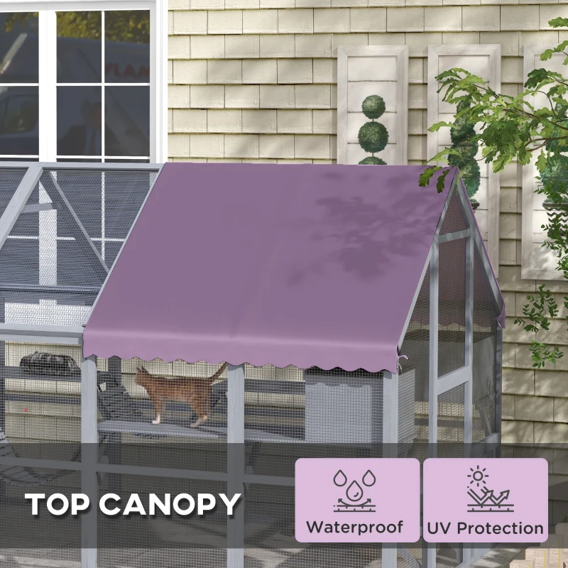 PawHut 9.2' Outdoor Catio Enclosure with Condos & Canopy, Spacious Cat House, Weather-Resistant, Gray