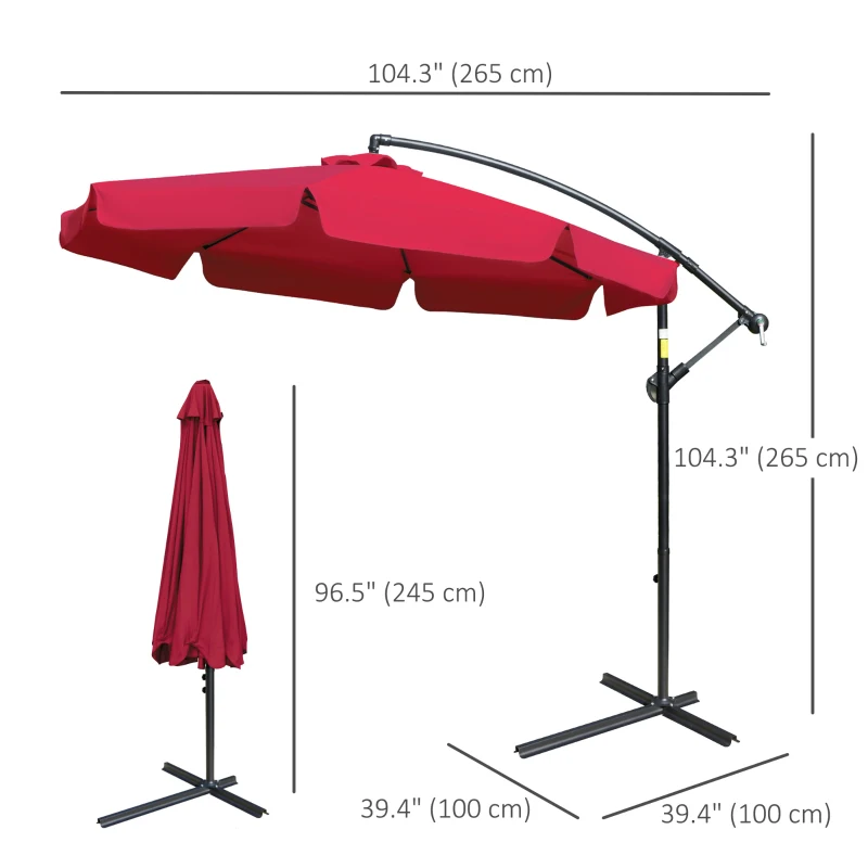 Outsunny 9FT Offset Hanging Patio Umbrella Cantilever Umbrella with Easy Tilt Adjustment, Cross Base and 8 Ribs for Backyard, Poolside, Lawn and Garden, Red