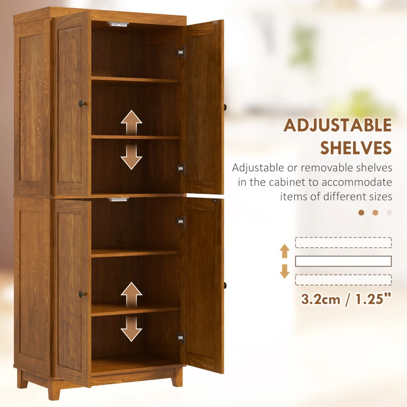 HOMCOM 72.5" Wood Kitchen Pantry Cabinet, Farmhouse Storage Organizer with 2 Adjustable Shelves, Soft Close, Mahogany