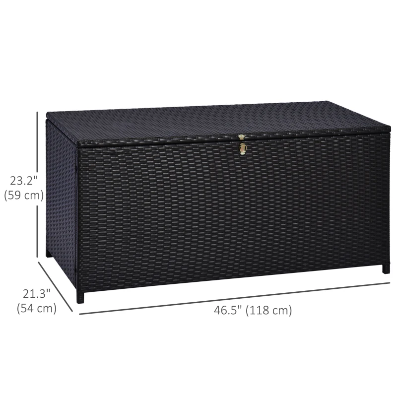 Outsunny Wicker Outdoor Storage Box, 75 Gallon Deck Box with Gas Strut and Clamp Lid, Rattan Patio Storage Container for Gardening Tools, Pool Supplies, Dark Brown