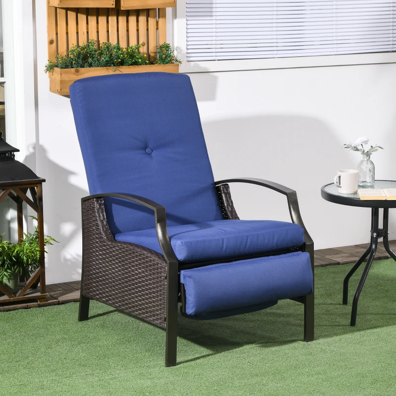 Outsunny Outdoor Rattan Recliner Chair, Wicker Reclining Chair with Cushions, Footrest, Armrests for Balcony, Porch, Dark Blue