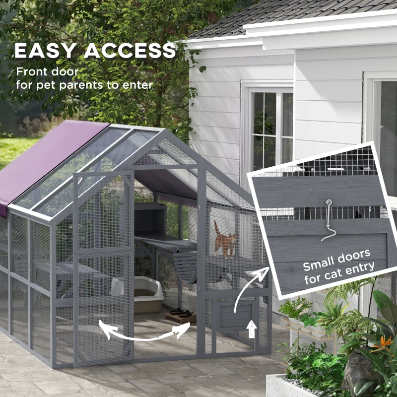 PawHut 9.2' Outdoor Catio Enclosure with Condos & Canopy, Spacious Cat House, Weather-Resistant, Gray