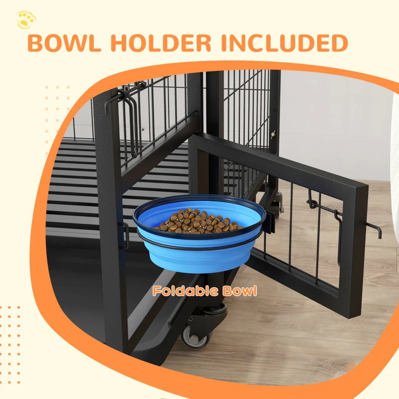 PawHut 43" Heavy Duty Dog Kennel w/ Bowl Holder, Wheels, Openable Top, Removable Tray for Medium & Large Dogs, Black