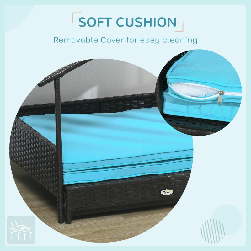 PawHut Outdoor Dog House Extendable Wicker Dog Bed with Soft Cushion Washable Cover, for Small and Medium Dogs, Blue