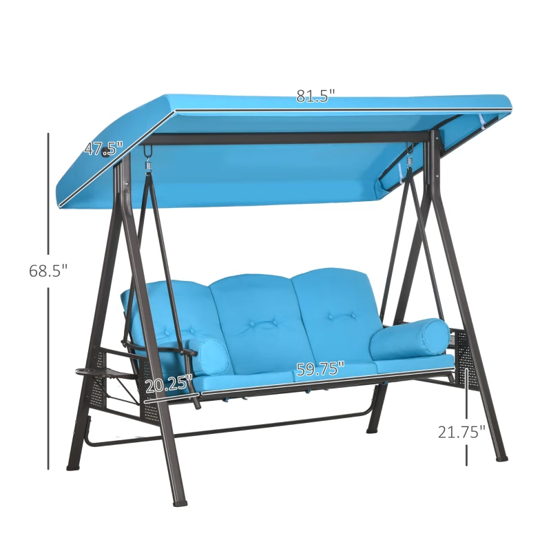Outsunny 3-Seat Outdoor Swing Chair, Patio Glider with Canopy, Cushions, Pillows, Side Trays, Blue