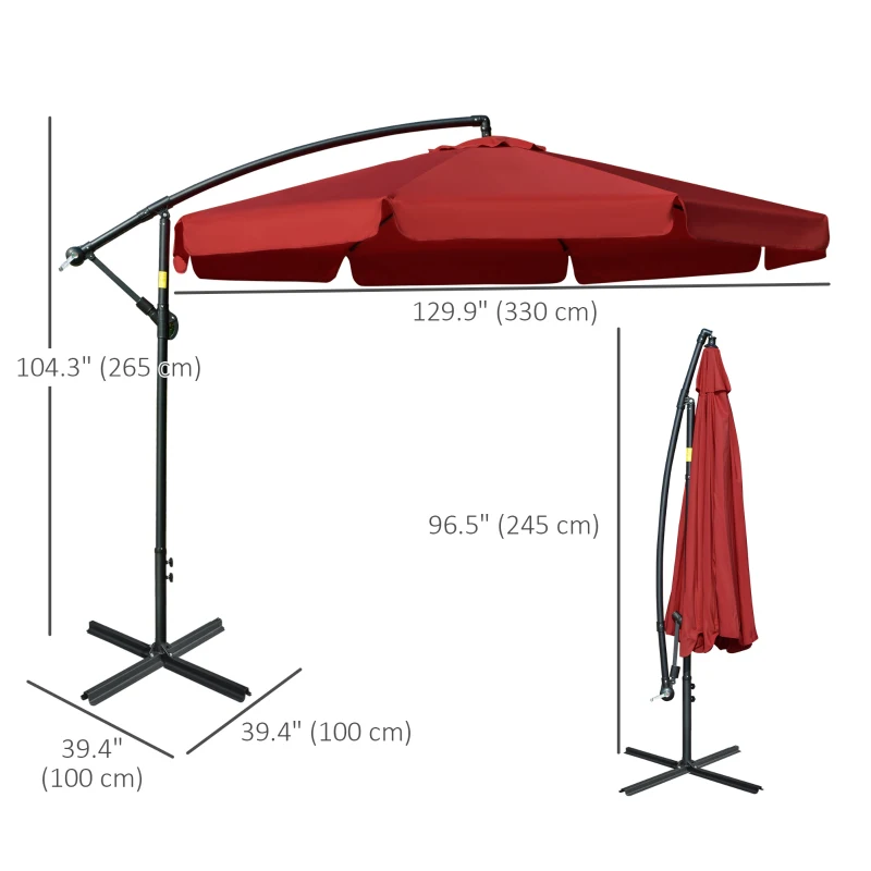 Outsunny 11FT Cantilever Patio Umbrella with Offset Hanging, Easy Tilt Adjustment & Cross Base for Backyard, Poolside, Red