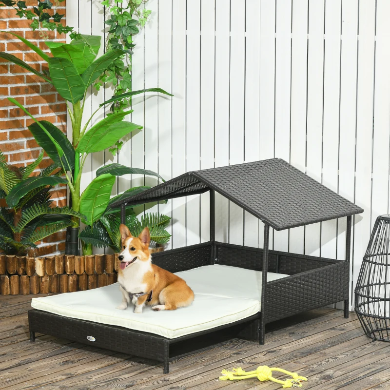 PawHut Outdoor Dog Bed Extendable Wicker Dog Bed w/ Waterproof Roof, Soft Cushion, for Small and Medium Dogs, Cream White