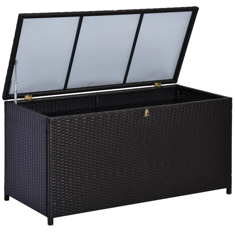Outsunny Wicker Outdoor Storage Box, 75 Gallon Deck Box with Gas Strut and Clamp Lid, Rattan Patio Storage Container for Gardening Tools, Pool Supplies, Dark Brown