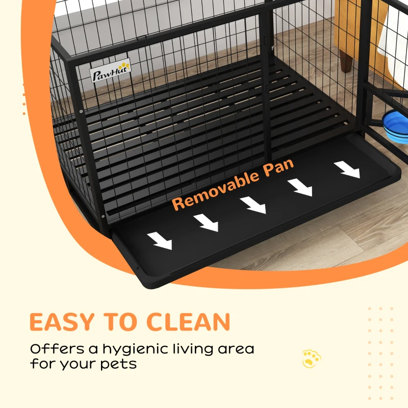 PawHut 43" Heavy Duty Dog Kennel w/ Bowl Holder, Wheels, Openable Top, Removable Tray for Medium & Large Dogs, Black