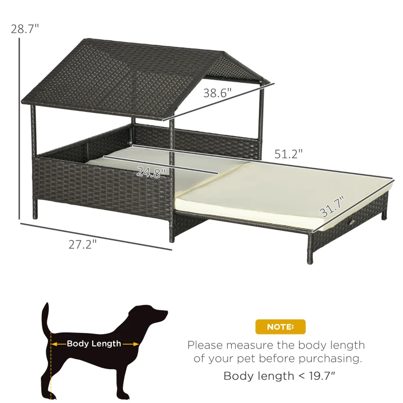 PawHut Outdoor Dog Bed Extendable Wicker Dog Bed w/ Waterproof Roof, Soft Cushion, for Small and Medium Dogs, Cream White