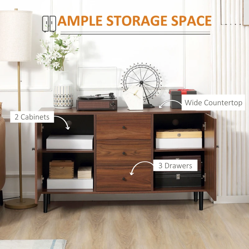 HOMCOM Kitchen Storage Sideboard, Buffet Cabinet with 2 Doors, 3 Drawers and Adjustable Shelves for Living Room, Brown