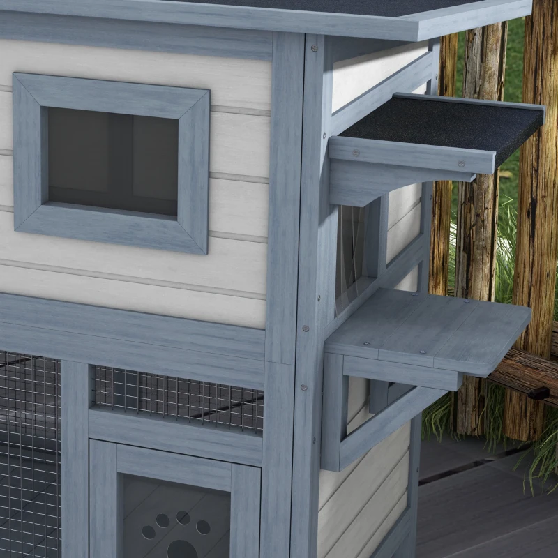 PawHut 2 Tier Outdoor Cat House Weatherproof with Escape Door, Asphalt Roof for Outside, Backyard, Light Gray