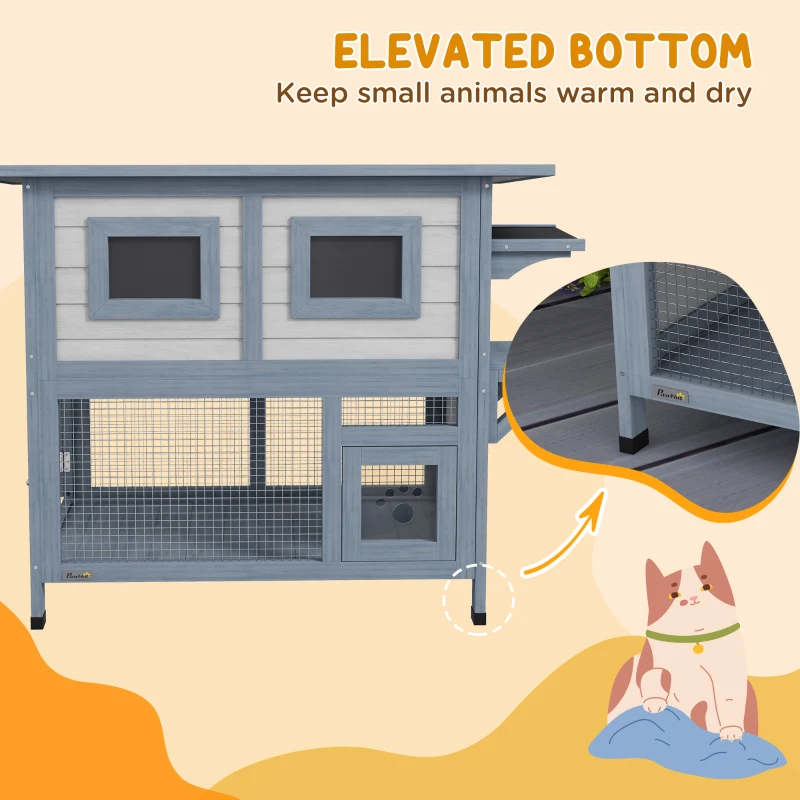 PawHut 2 Tier Outdoor Cat House Weatherproof with Escape Door, Asphalt Roof for Outside, Backyard, Light Gray