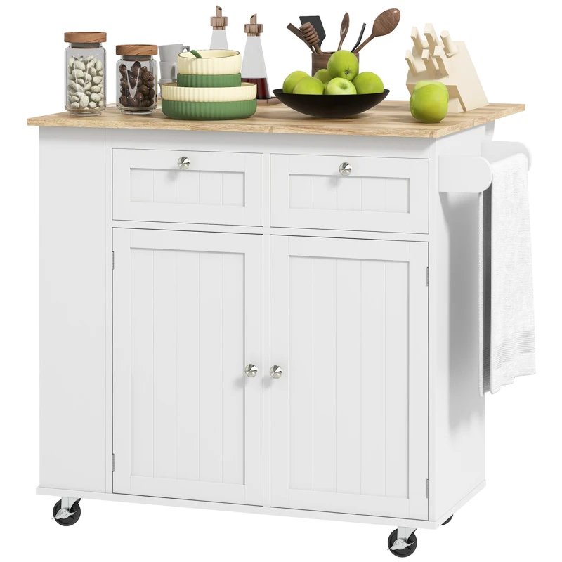 HOMCOM Kitchen Island with Power Outlet and Drop Leaf, Rolling Kitchen Cart with 2 Drawers and Adjustable Shelves, White
