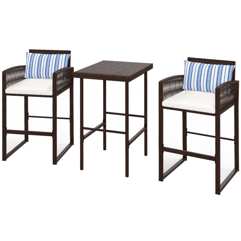 Outsunny 3-Piece Wicker Bar Set, Patio Bar Table Chair with Cushions, for Poolside, 25.2" x 19.3" x 37", White