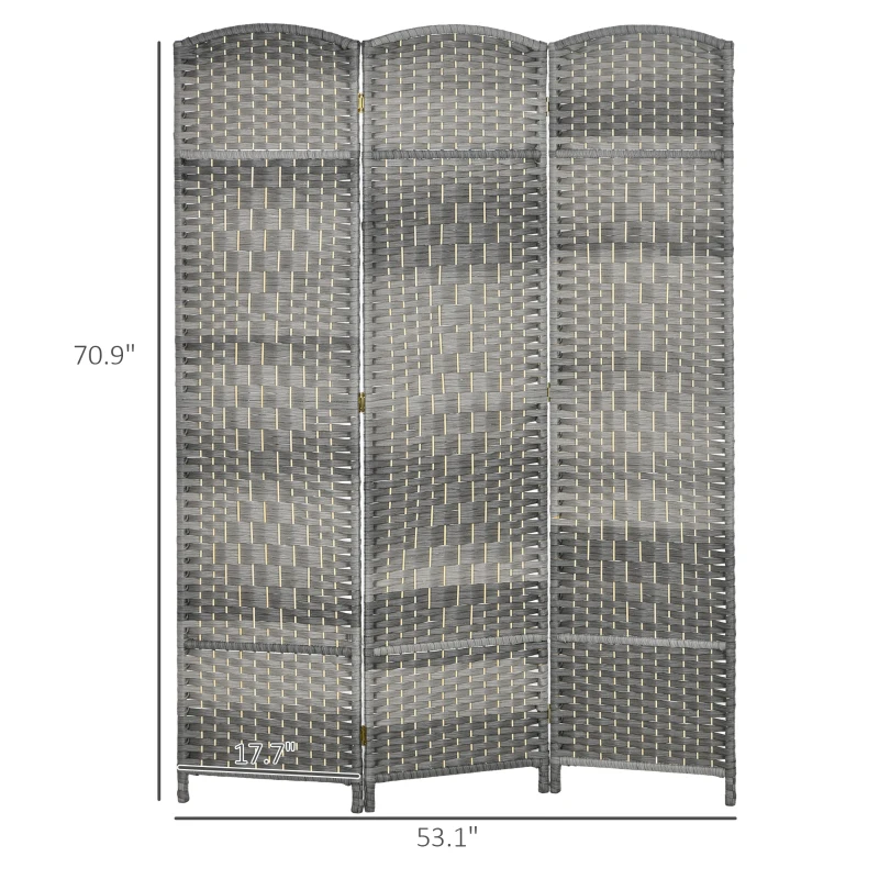 HOMCOM 6' Tall 3 Panel Room Divider, Folding Privacy Screen, Hand-Woven Freestanding Partition for Home Office, Bedroom, Mixed Gray
