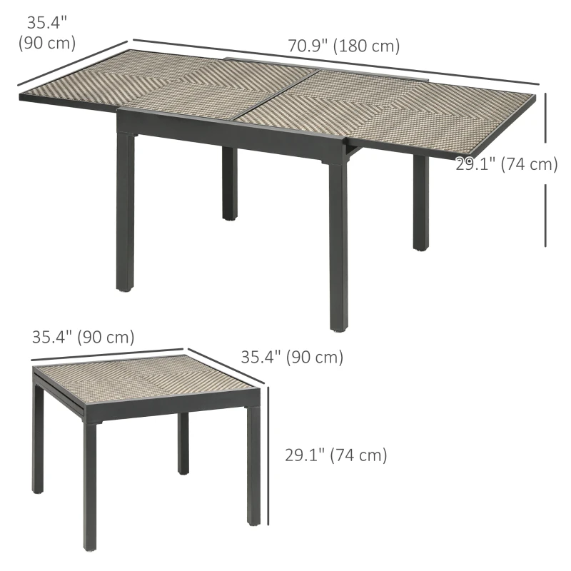 Outsunny Extendable Rattan Dining Table, Patio Retractable Table, Aluminum Frame, 35.4"/70.9" x 35.4", Mixed Brown