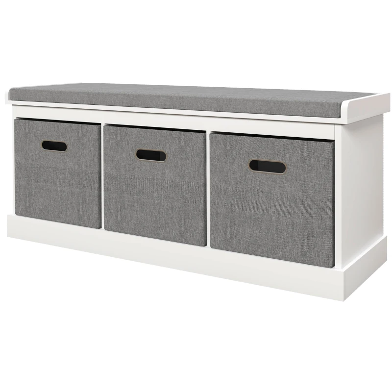 HOMCOM Shoe Storage Bench with Seat, Entryway Bench Seat with Cushion, 3 Fabric Drawers for Hallway, White