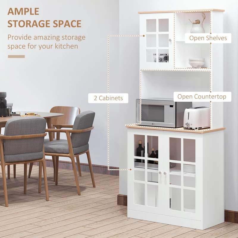 HOMCOM Kitchen Buffet with Hutch, Storage Pantry with 3 Cabinets, 2 Open Shelves and Large Countertop, White(m-5)