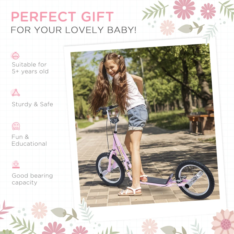 HOMCOM Youth Scooter Teen Kick Scooter Kids Children Stunt Scooter Bike Bicycle Ride On 16" Inflatable Wheels Pink