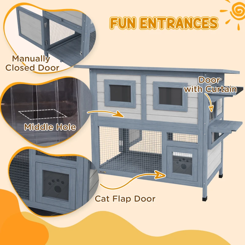 PawHut 2 Tier Outdoor Cat House Weatherproof with Escape Door, Asphalt Roof for Outside, Backyard, Light Gray