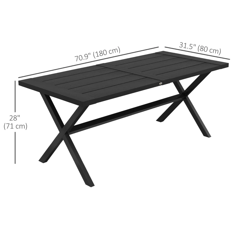 Outsunny 71" Outdoor Dining Table with X Shape Legs, Aluminium Frame Rectangular Darden Table for 6, for Backyard, Black
