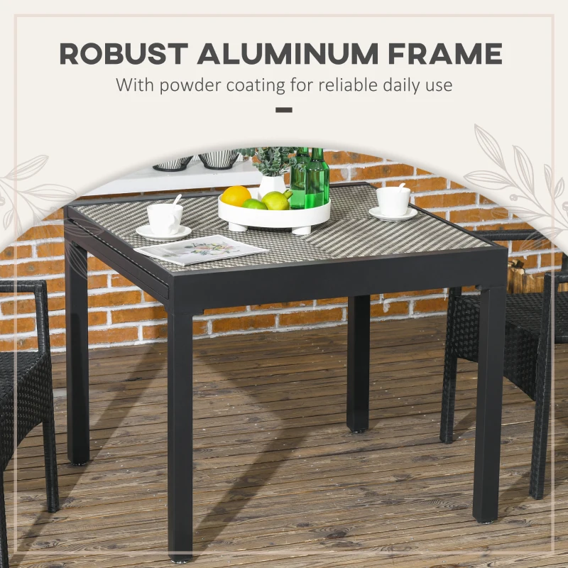 Outsunny Extendable Rattan Dining Table, Patio Retractable Table, Aluminum Frame, 35.4"/70.9" x 35.4", Mixed Brown