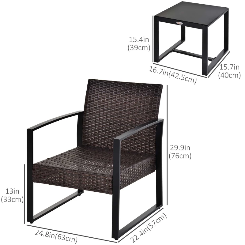 Outsunny 3 Pieces Wicker Patio Furniture Set, Rattan Bistro Set with Glass Top Coffee Table and Cushions, Outdoor Conversation Set for Garden, Porch, Balcony, Cream White