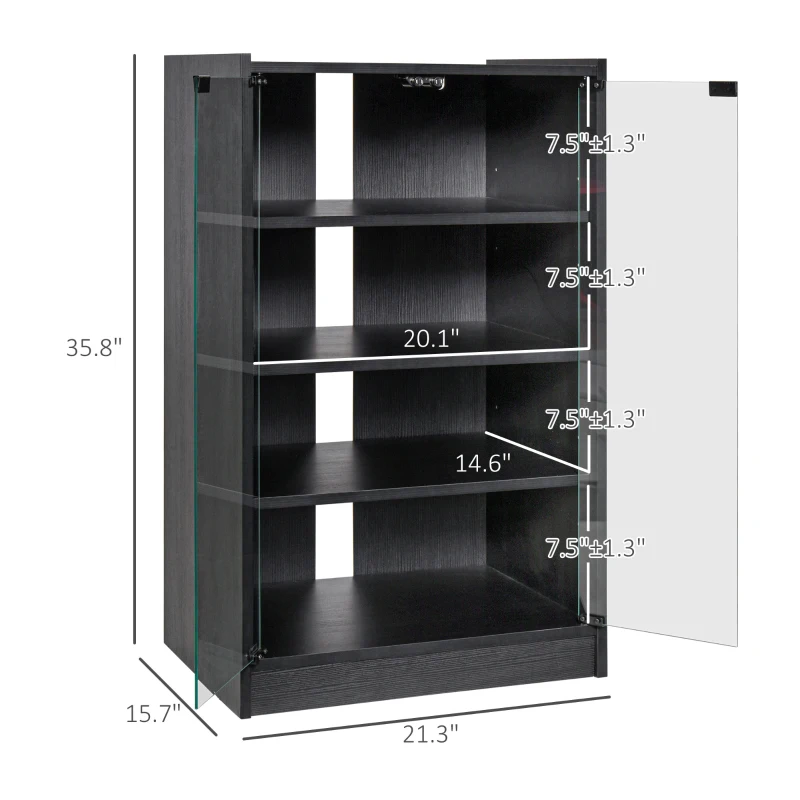 HOMCOM Media Cabinet, 4-Tier Stereo Cabinet, Record Player Stand with Vinyl Record Storage, Adjustable Shelves, Tempered Glass Doors and Cable Management, Distressed Black