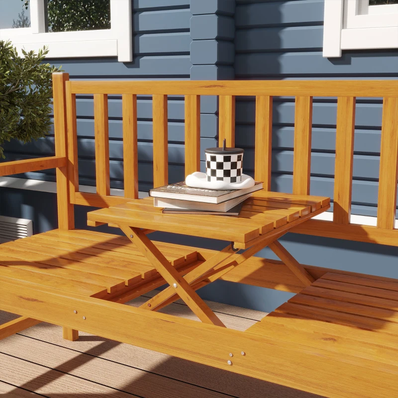 Outsunny Wooden Bench with Liftable Middle Table, Outdoor Bench, Patio Loveseat for Porch, Backyard, Seats 2-3 People