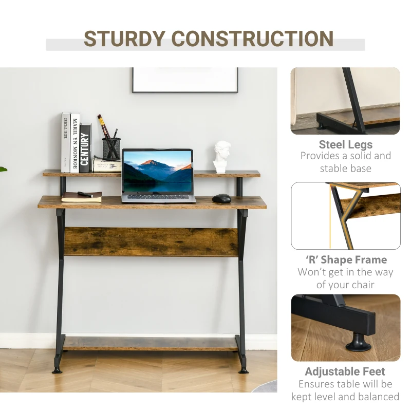 HOMCOM 39" Compact Computer Desk, Industrial Z-Shaped Writing Desk with Monitor Shelf and Storage, Workstation for Home Office
