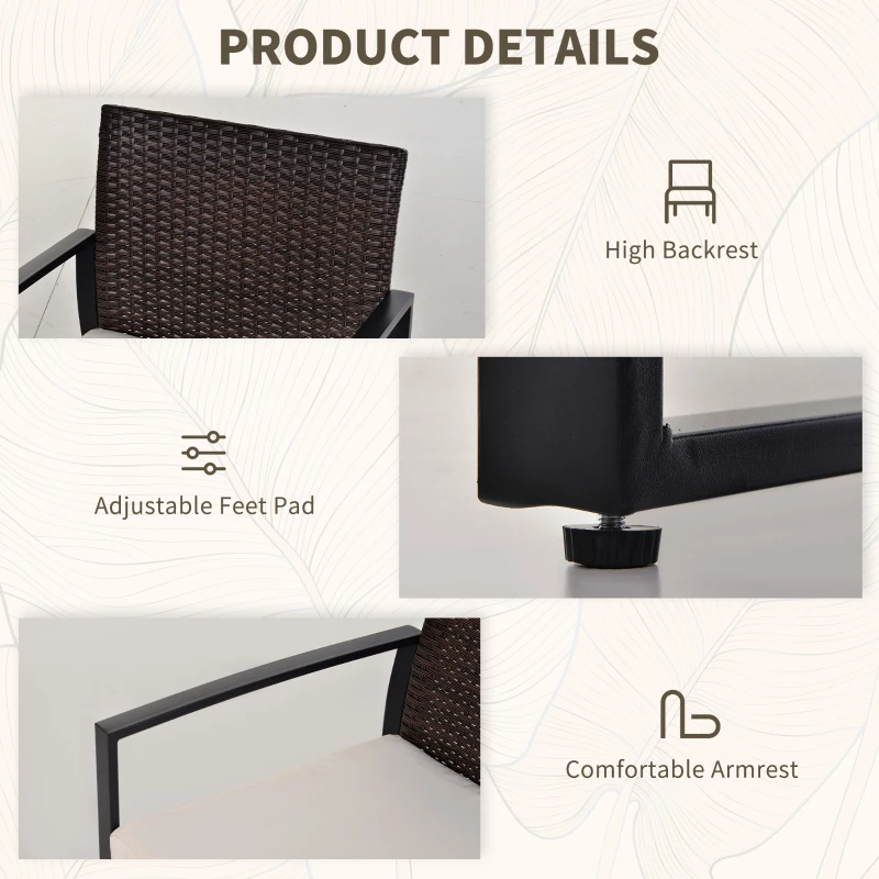 Outsunny 3 Pieces Wicker Patio Furniture Set, Rattan Bistro Set with Glass Top Coffee Table and Cushions, Outdoor Conversation Set for Garden, Porch, Balcony, Cream White