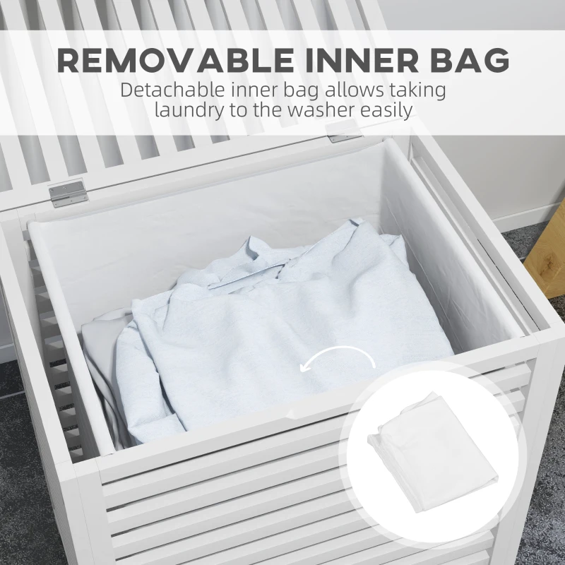 HOMCOM 55 L Bamboo Laundry Basket with Lid, Cloth Hamper with Removable Liner Bag, 19.75 x 14.25 x 23.5 Inches, White