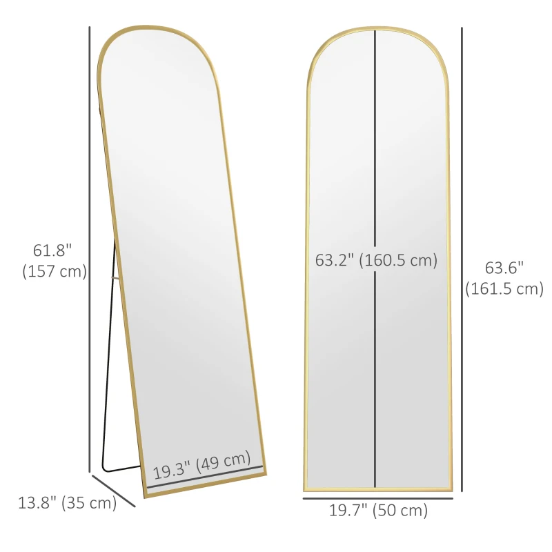 HOMCOM Arched Standing Mirror, 64" x 20" Full Length Mirror, Free Standing or Wall Mounted for Living Room, Bedroom, Gold