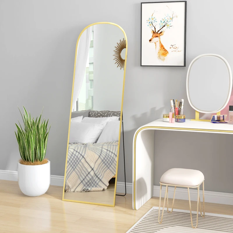 HOMCOM Arched Standing Mirror, 64" x 20" Full Length Mirror, Free Standing or Wall Mounted for Living Room, Bedroom, Gold