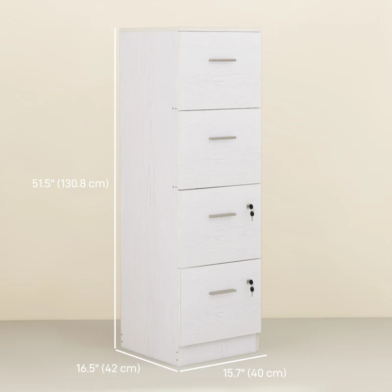 HOMCOM Vertical Filing Cabinet with Lock, 4 Drawer File Cabinet with Adjustable Hanging Bar for A4 and Letter Size, White