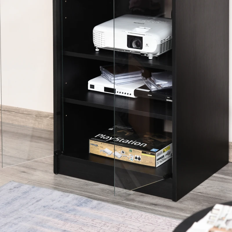 HOMCOM Media Cabinet, 4-Tier Stereo Cabinet, Record Player Stand with Vinyl Record Storage, Adjustable Shelves, Tempered Glass Doors and Cable Management, Distressed Black