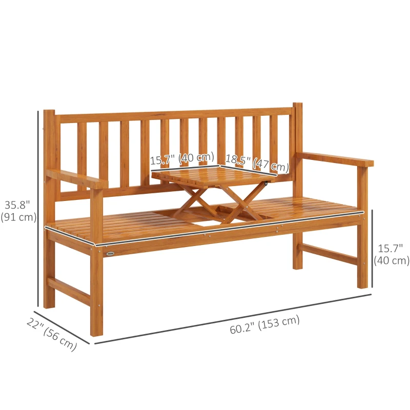 Outsunny Wooden Bench with Liftable Middle Table, Outdoor Bench, Patio Loveseat for Porch, Backyard, Seats 2-3 People