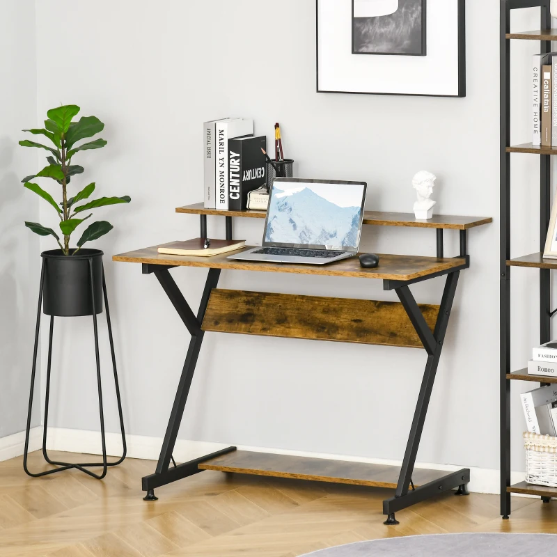 HOMCOM 39" Compact Computer Desk, Industrial Z-Shaped Writing Desk with Monitor Shelf and Storage, Workstation for Home Office