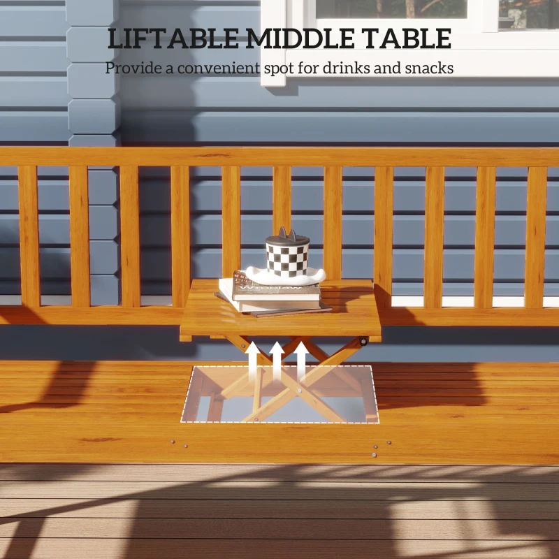 Outsunny Wooden Bench with Liftable Middle Table, Outdoor Bench, Patio Loveseat for Porch, Backyard, Seats 2-3 People
