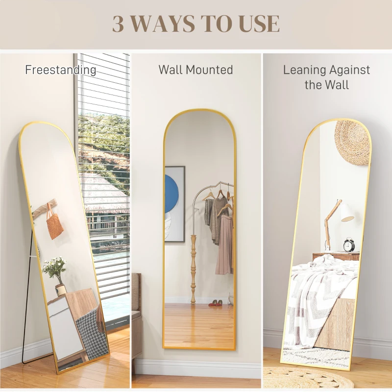 HOMCOM Arched Standing Mirror, 64" x 20" Full Length Mirror, Free Standing or Wall Mounted for Living Room, Bedroom, Gold