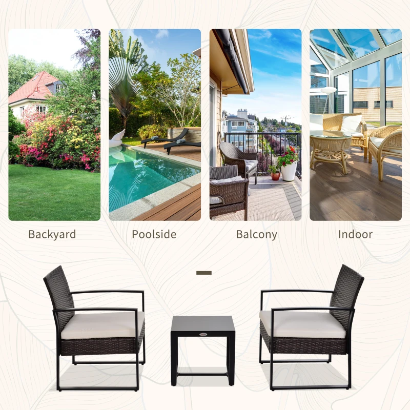 Outsunny 3 Pieces Wicker Patio Furniture Set, Rattan Bistro Set with Glass Top Coffee Table and Cushions, Outdoor Conversation Set for Garden, Porch, Balcony, Cream White