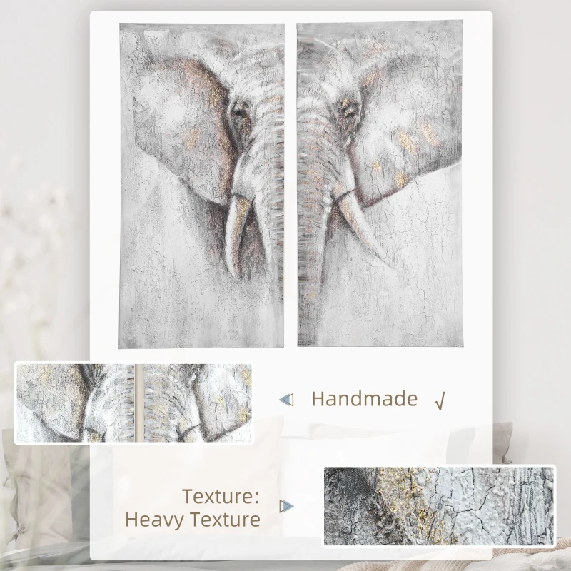 HOMCOM 2 Panel Elephant Art Hand-Painted Canvas Animal Wall Art Painting with Heavy Texture, for Living Room Bedroom Decor Grey, 47.25" x 47.25"