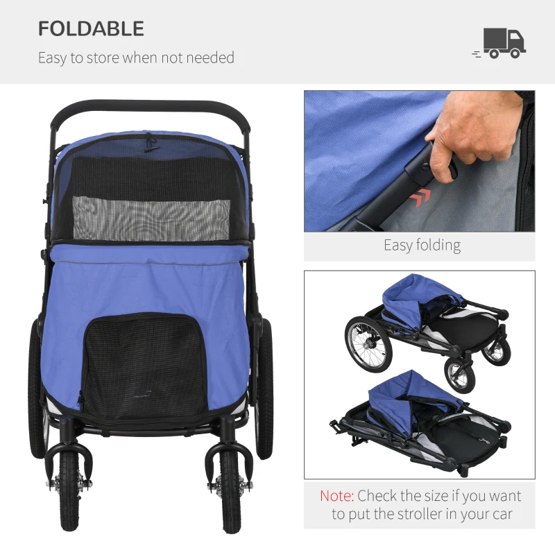 PawHut Easy Fold Dog Stroller with Storage Bags, Washable Cushion, Safety Leash for Medium and Large-Sized Pets, Blue