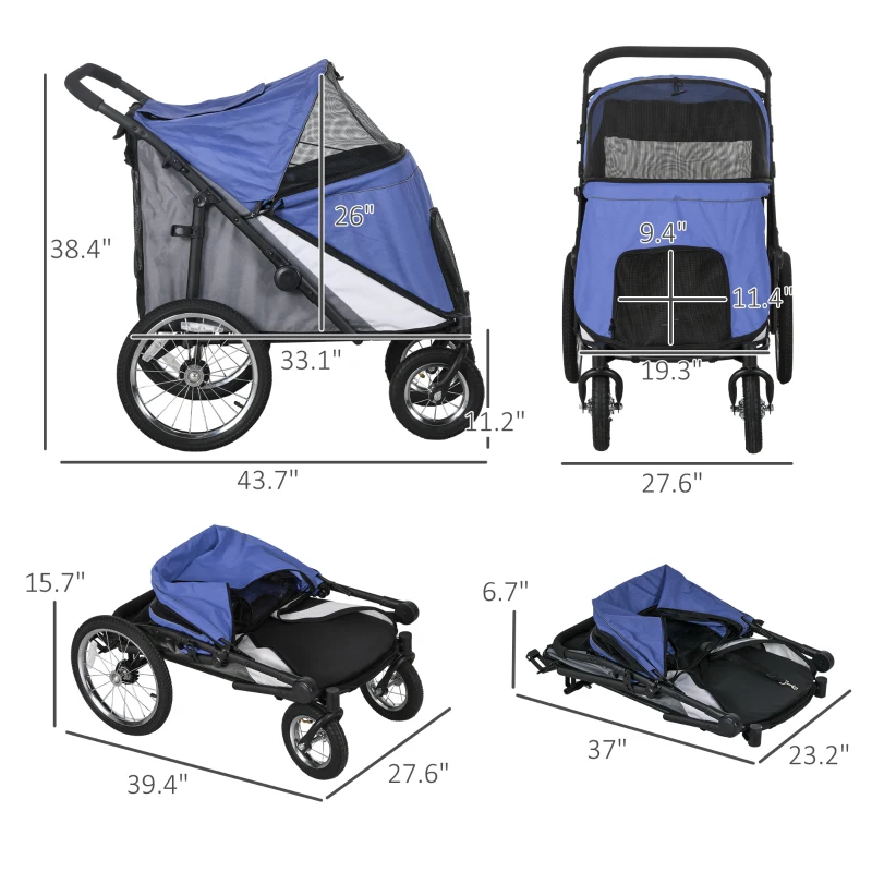 PawHut Easy Fold Dog Stroller with Storage Bags, Washable Cushion, Safety Leash for Medium and Large-Sized Pets, Blue