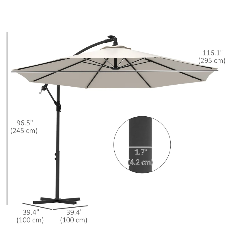 Outsunny 10ft Outdoor Cantilever Hanging Offset Umbrella with Solar LED Lights, Crank, Cross Base, Aluminum Frame, Beige