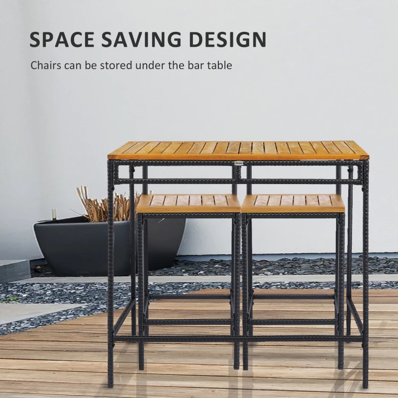 Outsunny 3-Piece Wicker Bar Set, Patio Bar Table Chair w/ Acacia Wood Top, 43.3" x 23.6" x 39.4", Dark Brown