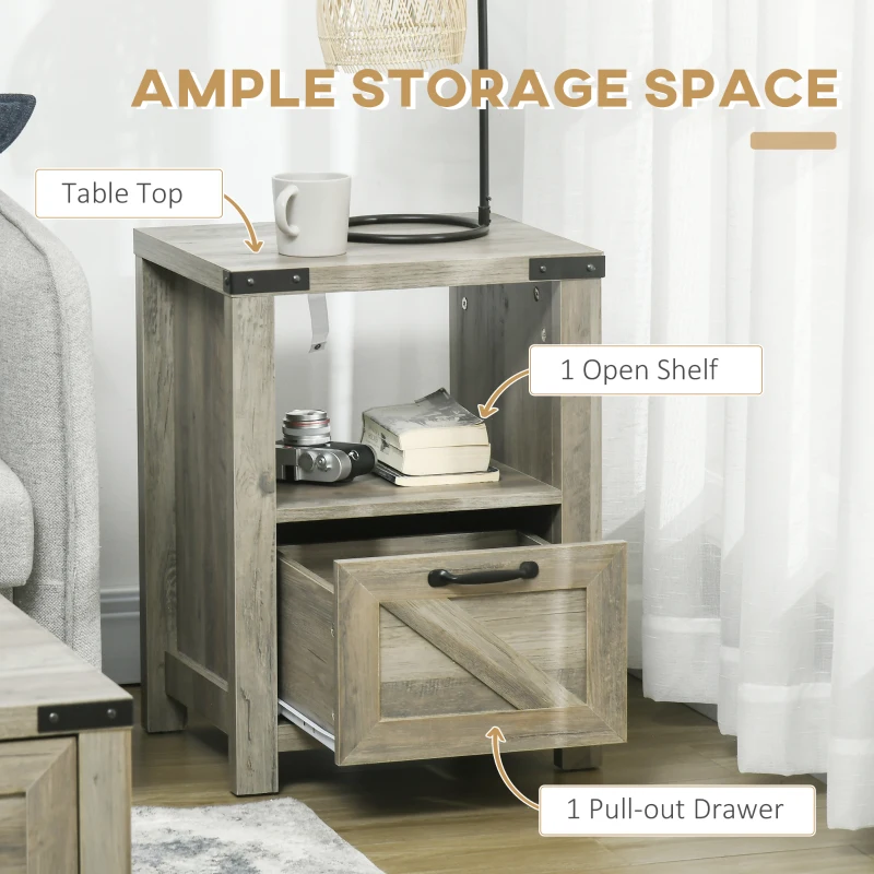 HOMCOM Side Table with Storage, Farmhouse End Table with Drawer, Open Shelf and Barn-style Panel, Nightstand for Living Room, Bedroom, Grey