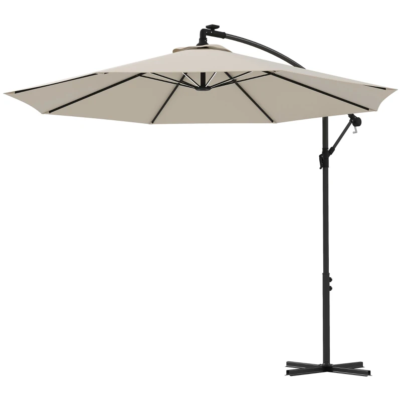 Outsunny 10ft Outdoor Cantilever Hanging Offset Umbrella with Solar LED Lights, Crank, Cross Base, Aluminum Frame, Beige